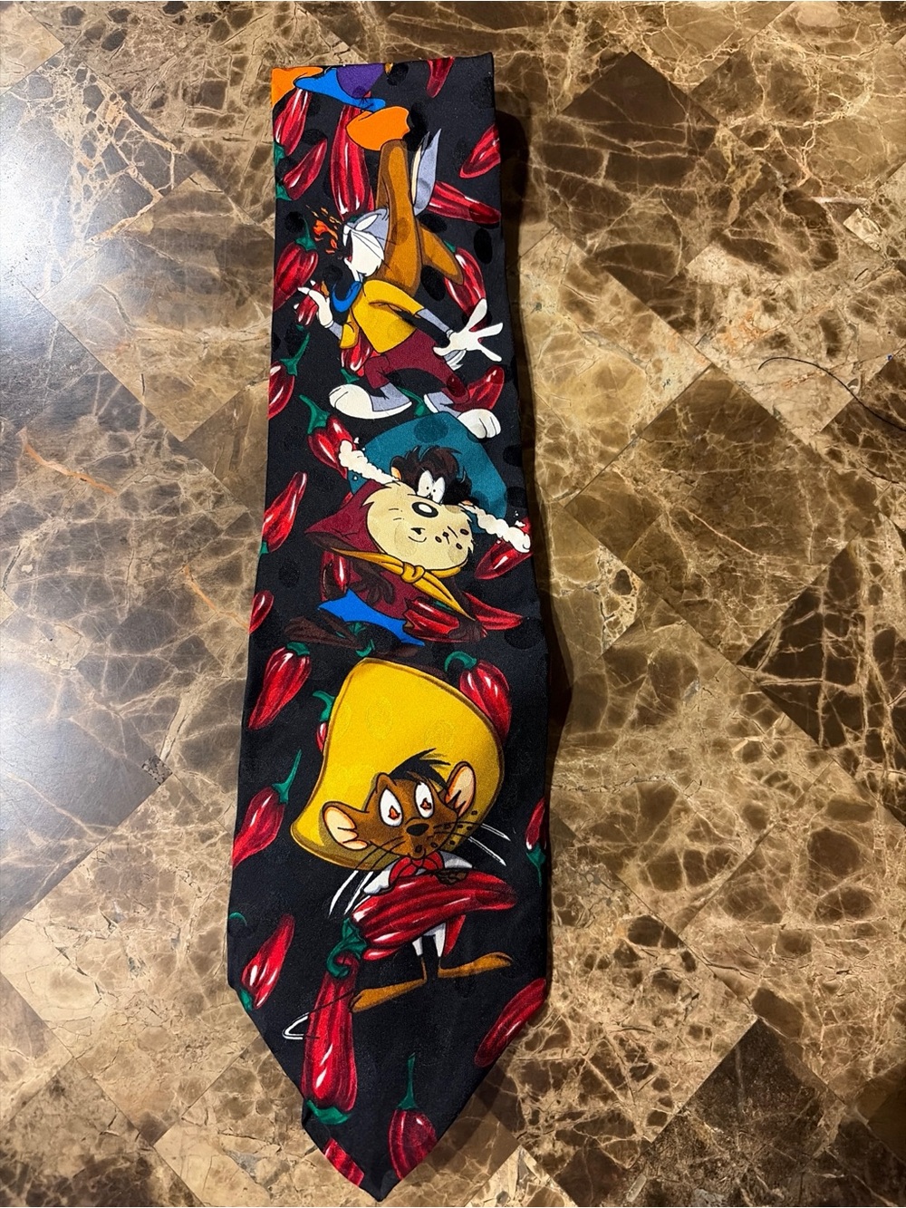 100 % Silk Warner Bros. Black Tie with Red Chili Pepper Print Speedy/Bugs/Taz